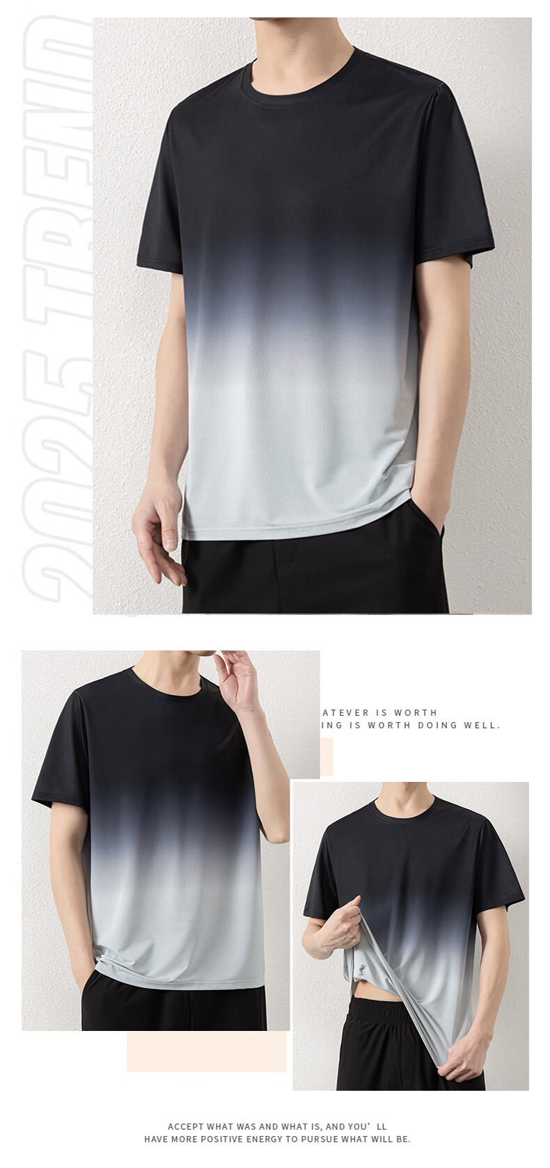 ROMON Men's Short Sleeve T-Shirt Summer Gradient Quick-Dry Breathable Cool Ice Silk Top Light Blue M 8210 20