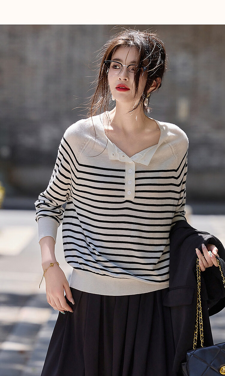 Demana Japanese Style Artistic Commuter Spring Autumn Colorblock Striped Round Neck Slimming Knit Sweater 33