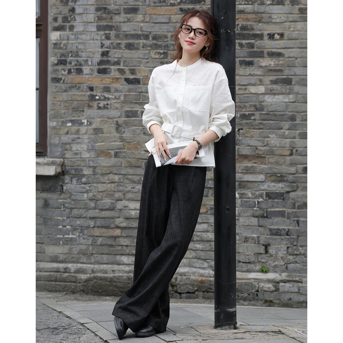 Mt Breathable Cotton-Linen Spring Adjustable Waistband Round Neck Mid-Length Loose Shirt Women's Top