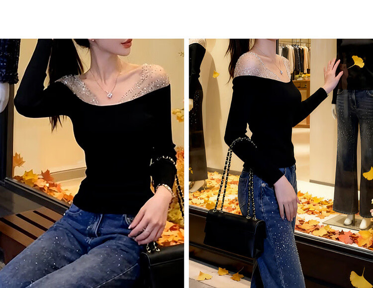 Mt [Galaxy Whisper] Spring Lightweight Sexy Rhinestone V-Neck Mesh Off-Shoulder Slim Fit Premium Women's T-Shirt 10
