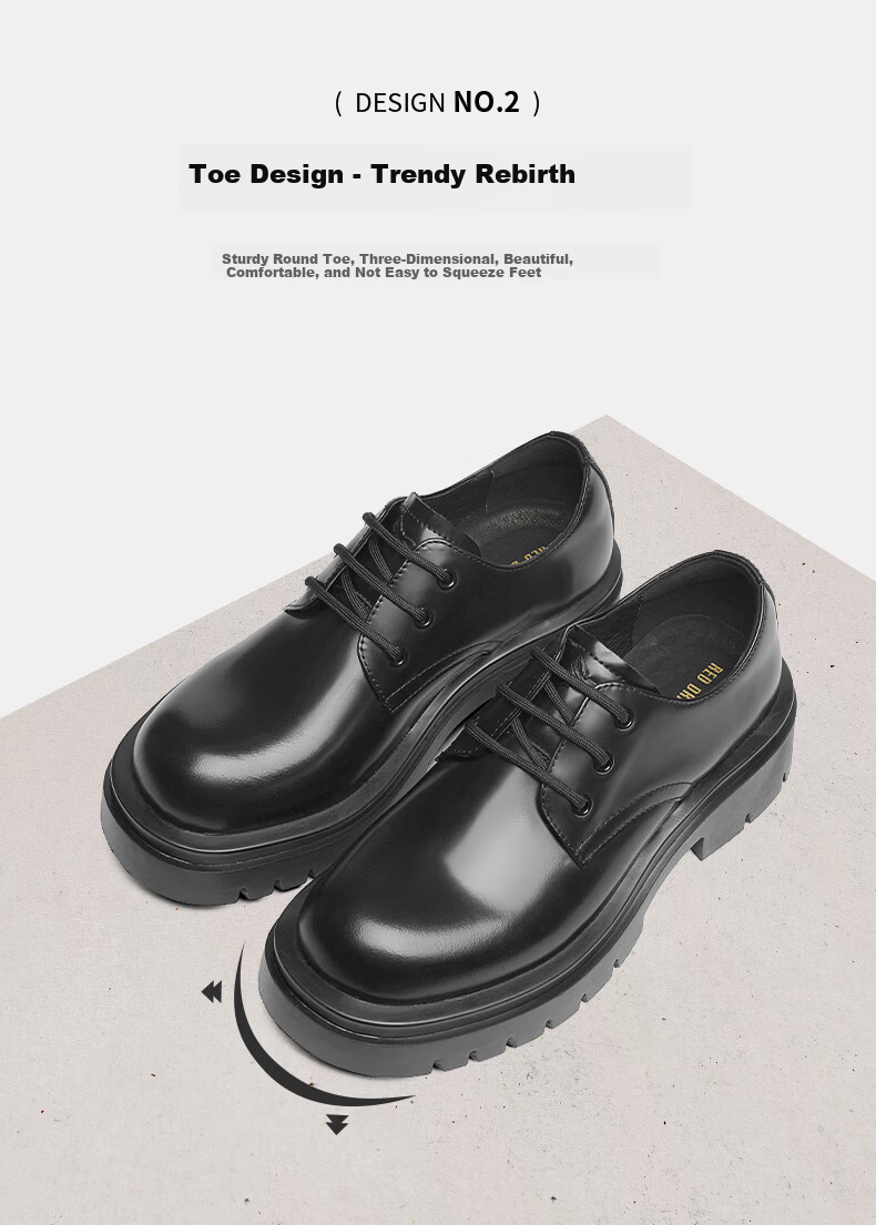 Red Dragonfly Big Head Leather Shoes New Round Toe Black Work Shoes Commuter Thick Sole Height Increasing Leather Shoes WTA35004 Black 39 6