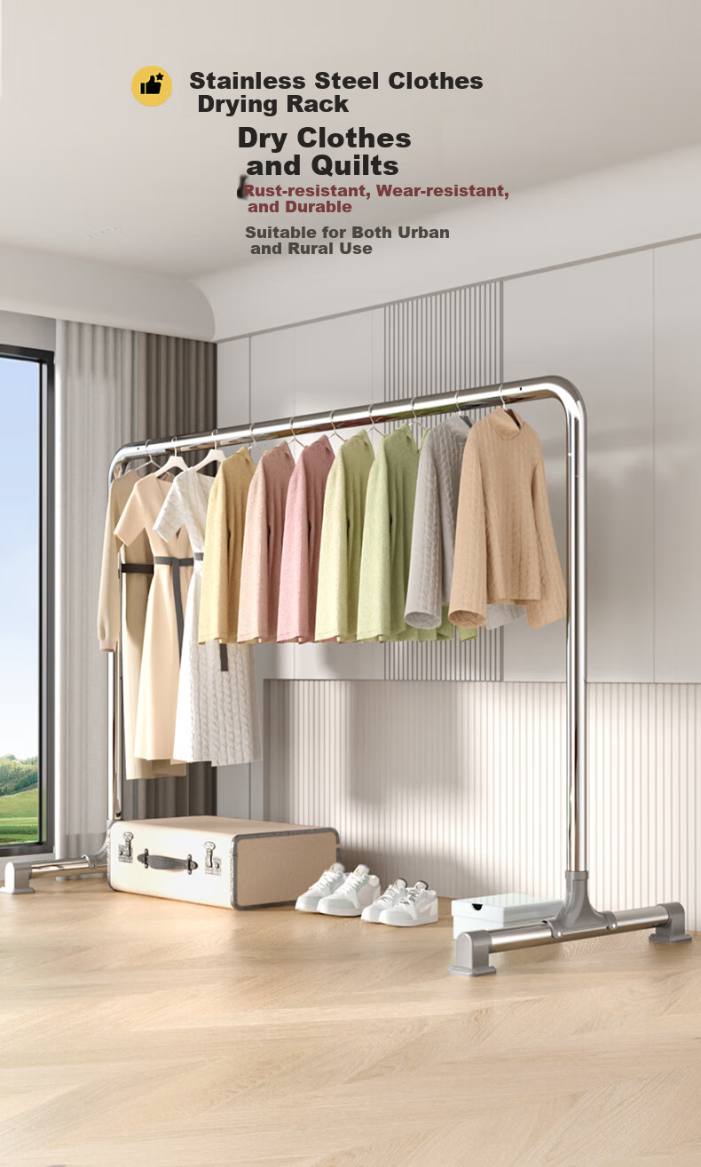 HKG Stainless Steel Clothes Drying Rack Floor-Standing Indoor Outdoor Balcony Bedroom Thickened Laundry Rod 1