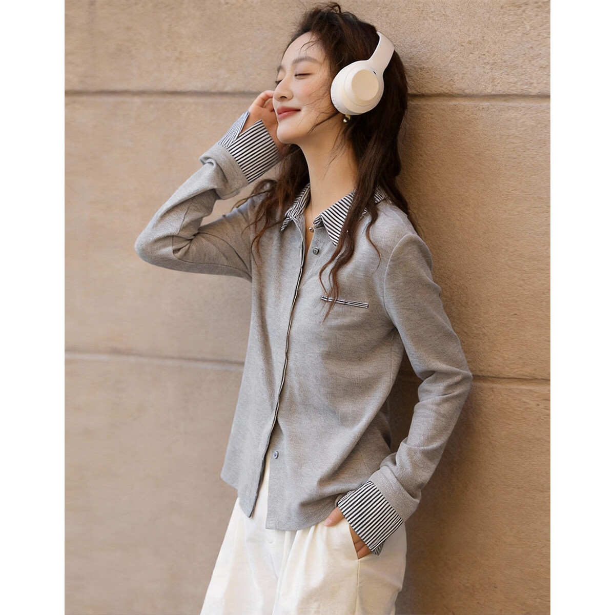 Demana Intellectual Spring Colorblock Spliced Lapel Fake Pocket High Elastic Petite Women's Shirt