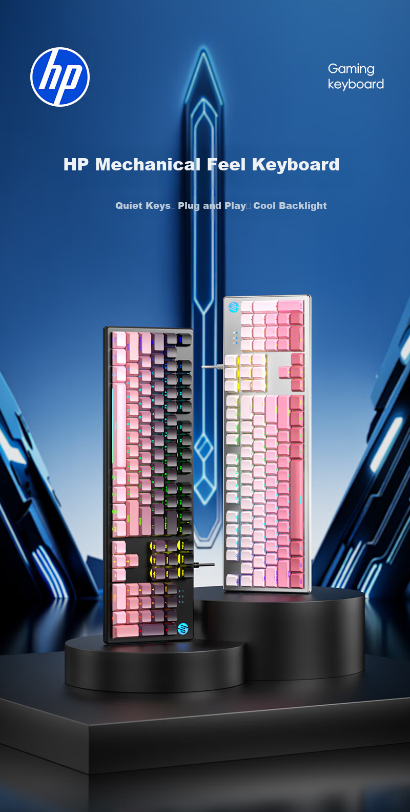 HP Mechanical Feel Gaming Keyboard with Wired Quiet Thin Film Switches for Computer Laptop Office Use, 104 Keys, Splash-Resistant Backlit High Aesthetic Value, Blackberry Pink Side Engraving 1
