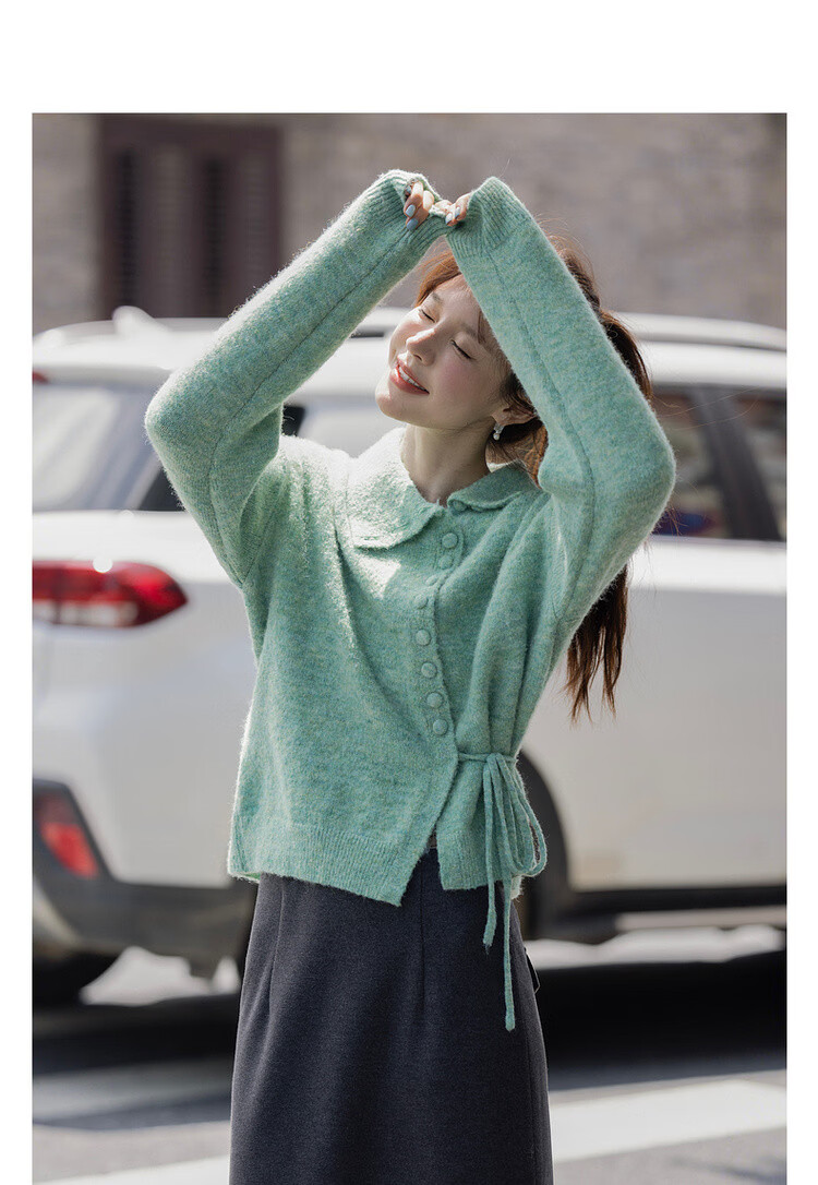 MT [Senya Between] Spring Fresh Side Lace-Up Asymmetric Lapel Cardigan Wool Blend Knit Sweater for Women 3