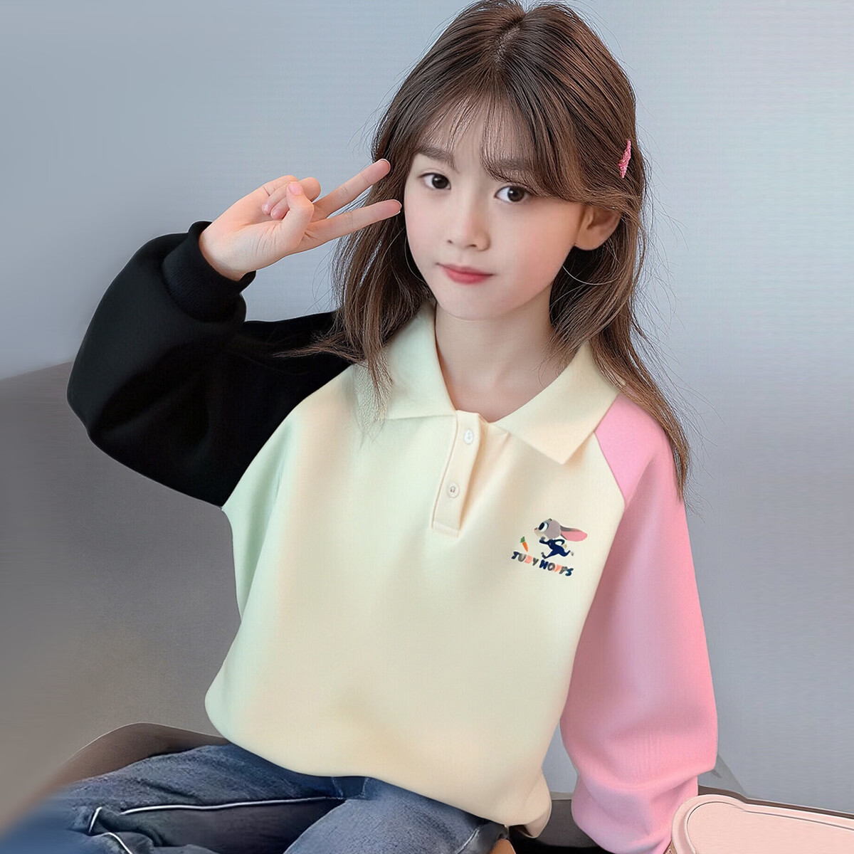 Disney Girls' Zootopia Polo Collar Sweatshirt Long Sleeve Top Spring ZL160001 Off-White Size 150
