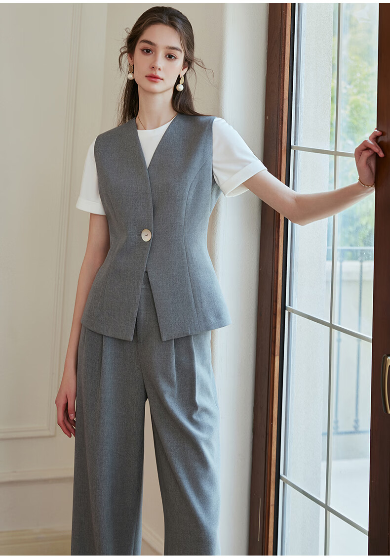 ROEYSHOUSE Women's Premium Minimalist Slim Fit Vest Spring Professional OL Commuter Jacket 10193 Light Gray S 12