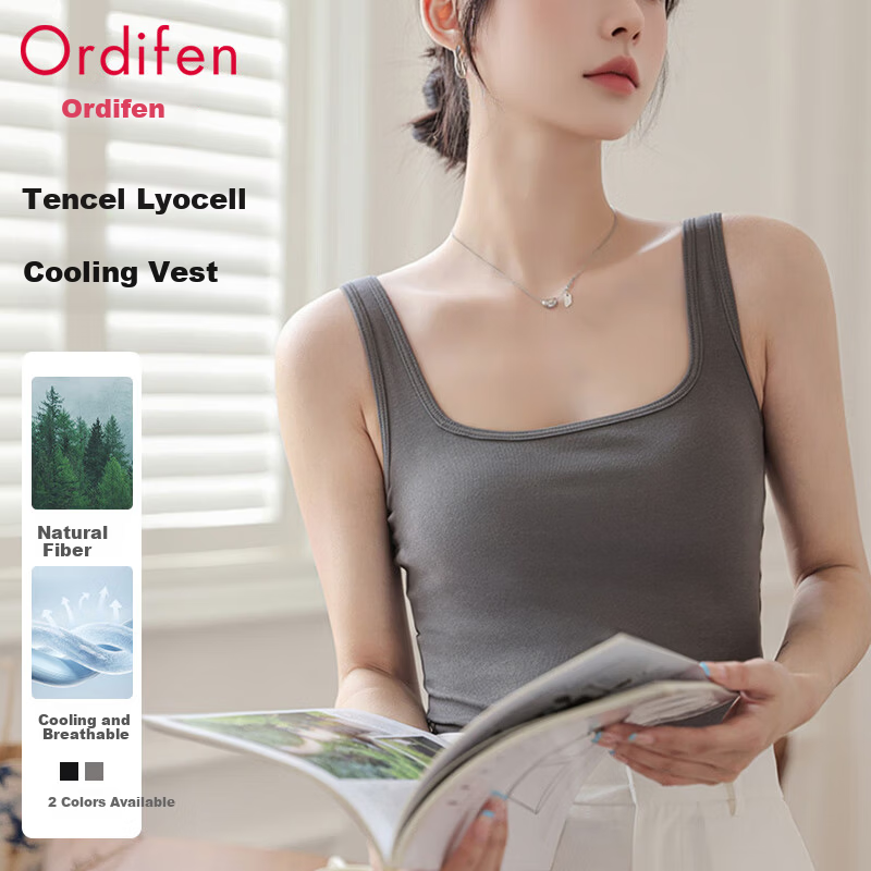 Ordifen [Lyocell Tencel] Women's Thin Camisole Vest Basic Swan Neck Outerwear Gray L