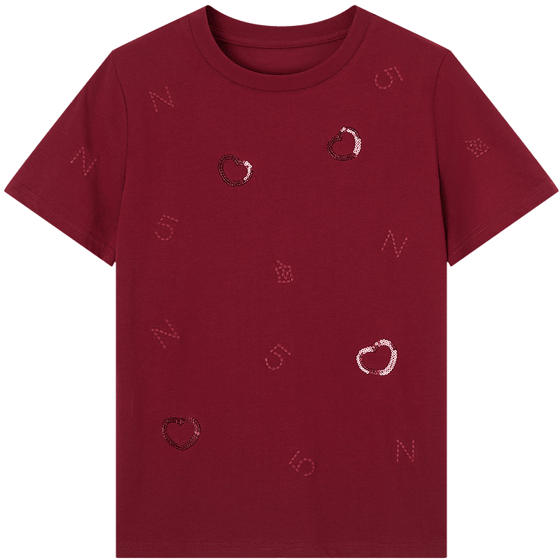 Demana [Sorona Breathable] Spring Elegant Round Neck Sequin Embroidered Short Sleeve Thick Petite Women's T-Shirt