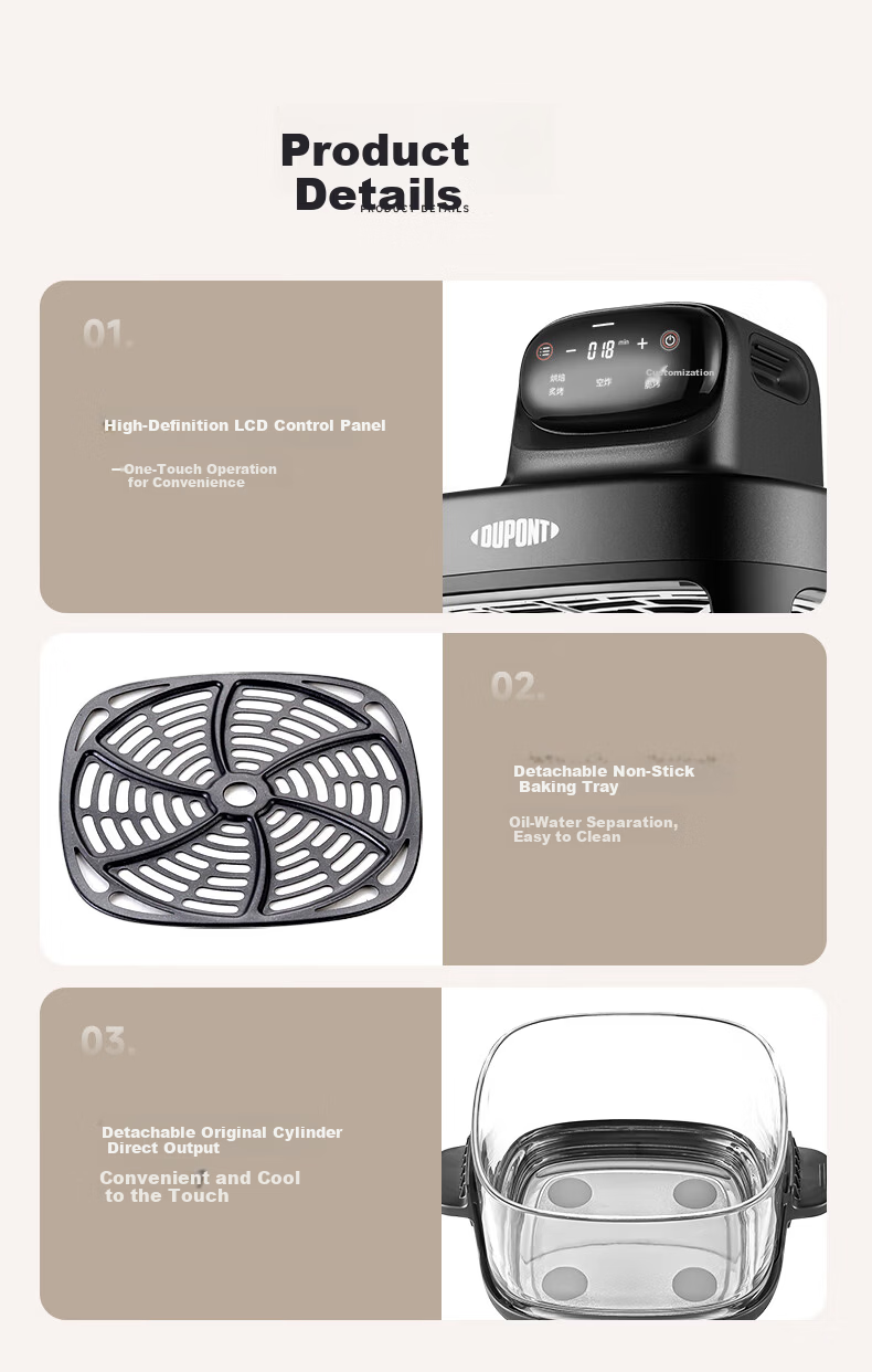 DU PONT Air Fryer 2026 New Model High Borosilicate Glass 0 Coating Visible Multifunctional Electric Fryer Non-stick Easy Clean Electric Oven Fryer and Roaster 4.5L No Flip 11
