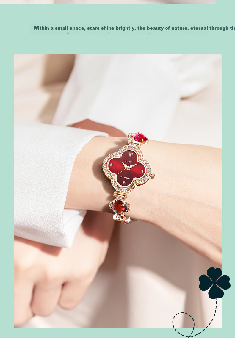 Disney Mickey Collaboration Luxury Four-Leaf Clover Bracelet Watch Waterproof Quartz 38mm Women's Day Birthday Gift for Girlfriend 7