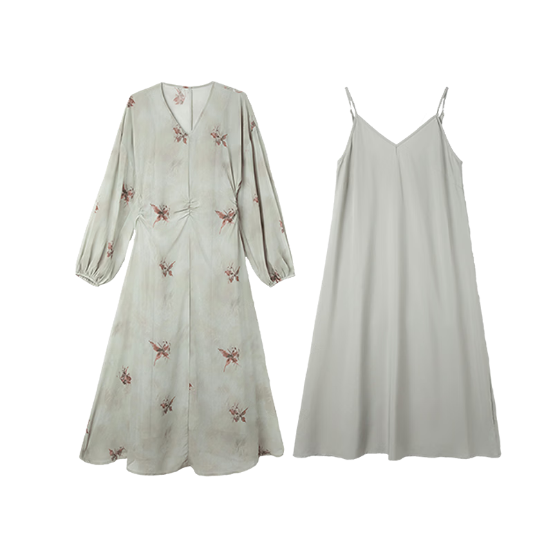 Demana Elegant Chiffon Fairy Spring Lightweight V-Neck Dress with Camisole, Printed Belt, Extended Length, Slim Fit Women's Dress