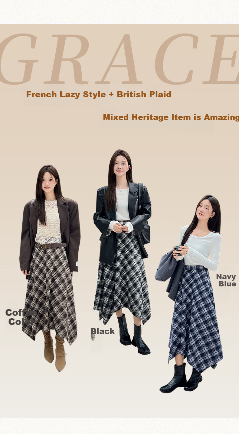 BOPRUIEY Vintage Plaid Irregular Women's Skirt 2025 New Autumn Winter A-Line Casual Mid-Length Skirt 10