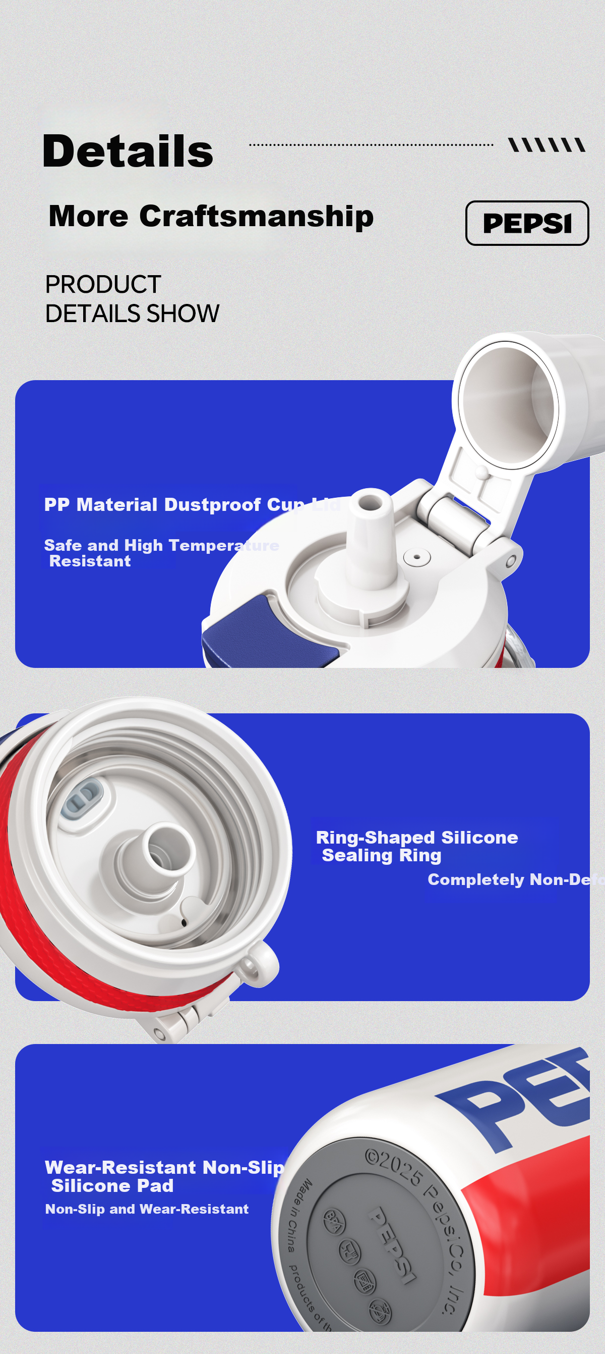 PEPSI Insulated Tumbler 316L Stainless Steel Straw Cup Outdoor Sports Water Bottle Portable Travel Cooler Cup Badge Pearl White 17