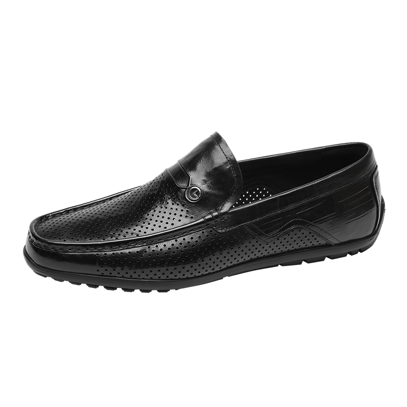 Goldlion Men's Shoes 26 Summer New Business Casual Perforated Breathable Lightweight Slip-On Leather Shoes G534620171AAD Black Size 41