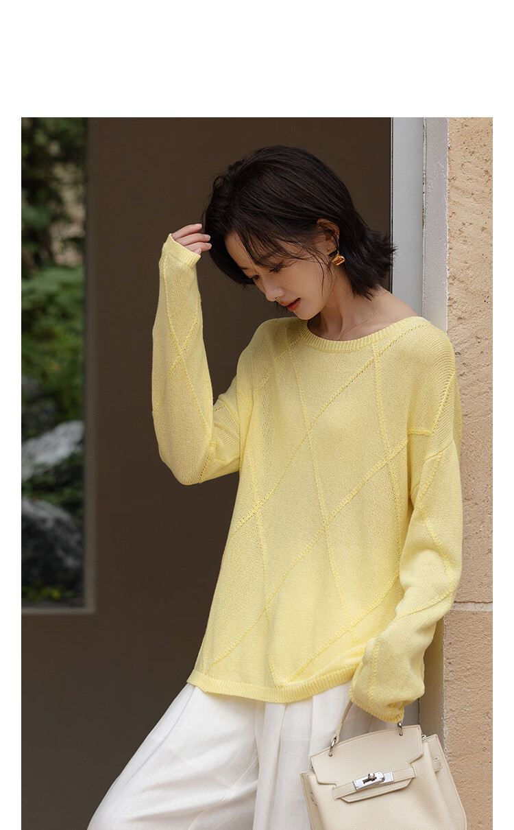 Demana [with Tencel] Spring Cloud Breath Boat Neck Sweater Diamond Jacquard Ribbed Loose Women's Knitwear 11