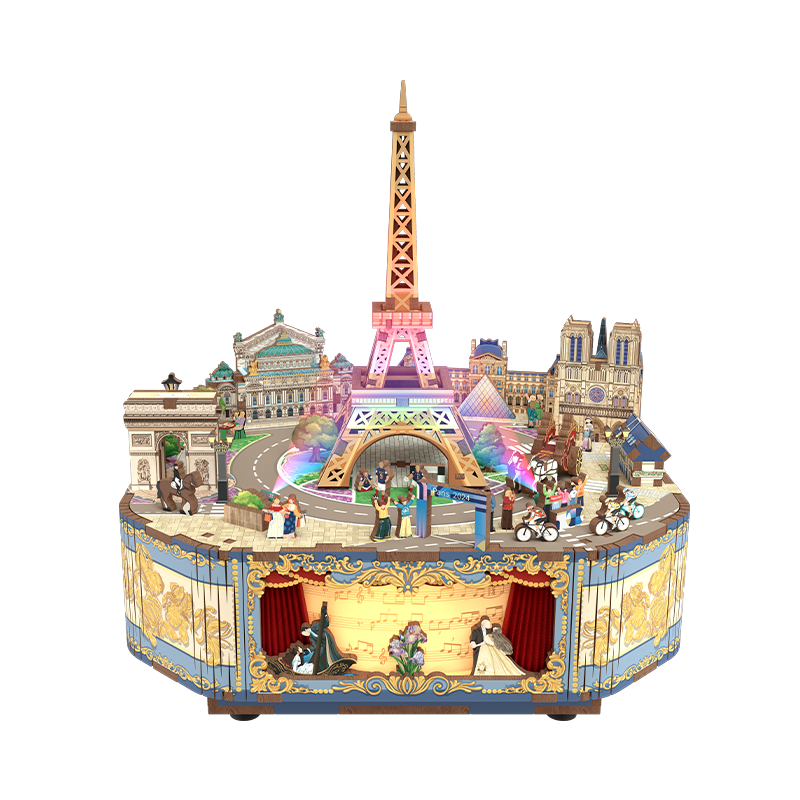 Tongqu Paris Musical Box Building Block Toy, Electric Ornament, Handmade Puzzle, 3D Model, Birthday Gift