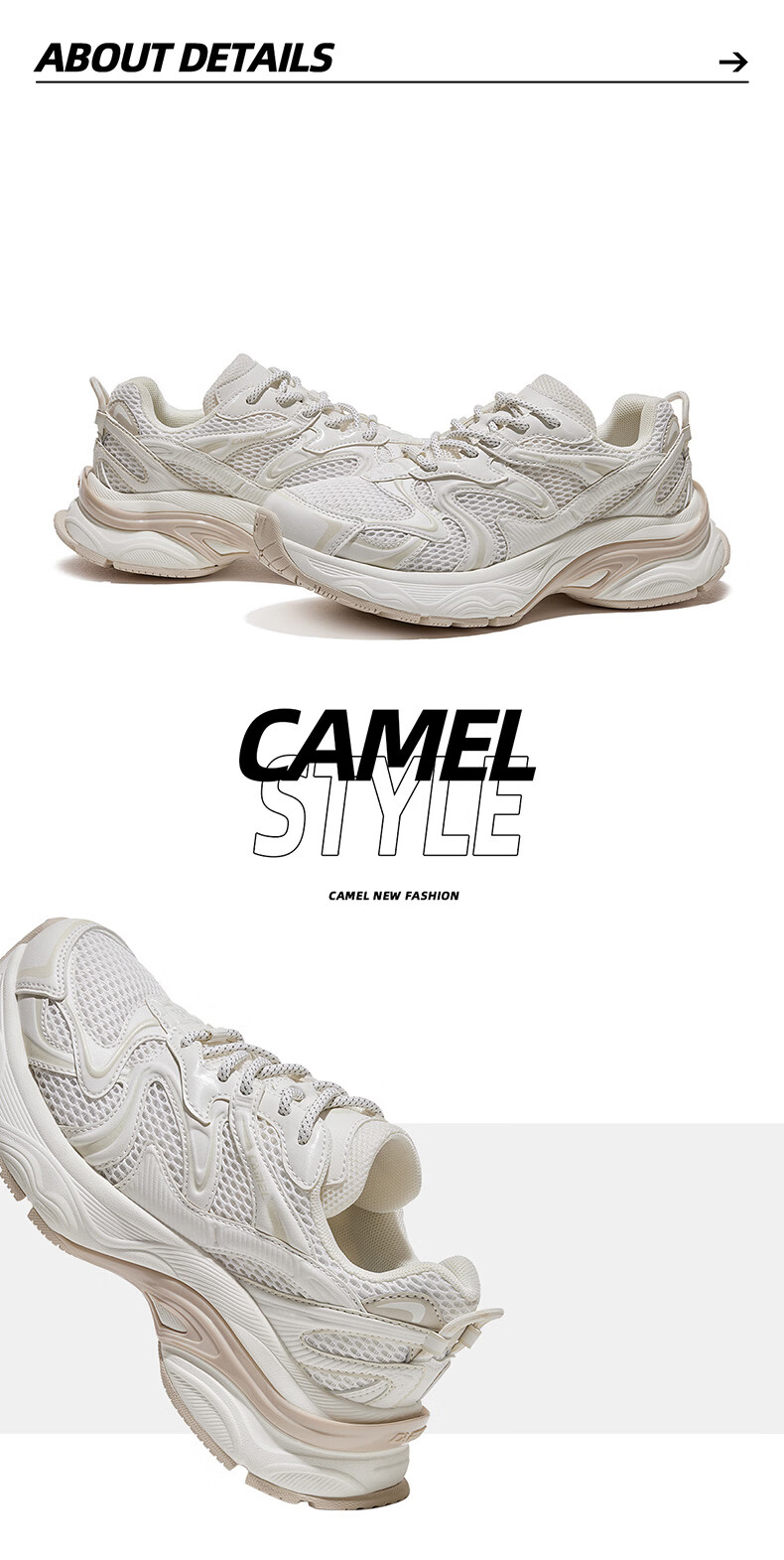 CAMEL Galaxy 2nd Generation Women's Sports Shoes Breathable Casual Thick-Soled Dad Sneakers K26B30L4023 Ivory White/Grey Size 38 12