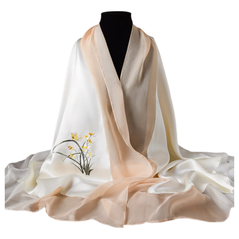Hangsi Mansion Handmade Su Embroidery Silk Scarf Shawl Long Silk Satin Scarf Mulberry Silk Scarf Practical Birthday Gift for Mom Women