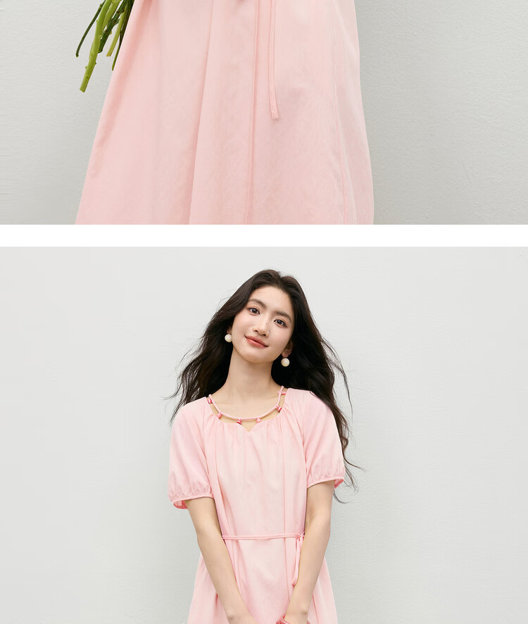 Shangdu Bira Linen Acetate Lyocell Dress Women Spring Summer Elegant Hollow Beaded Round Neck A-line Loose Slim Long Dress 22