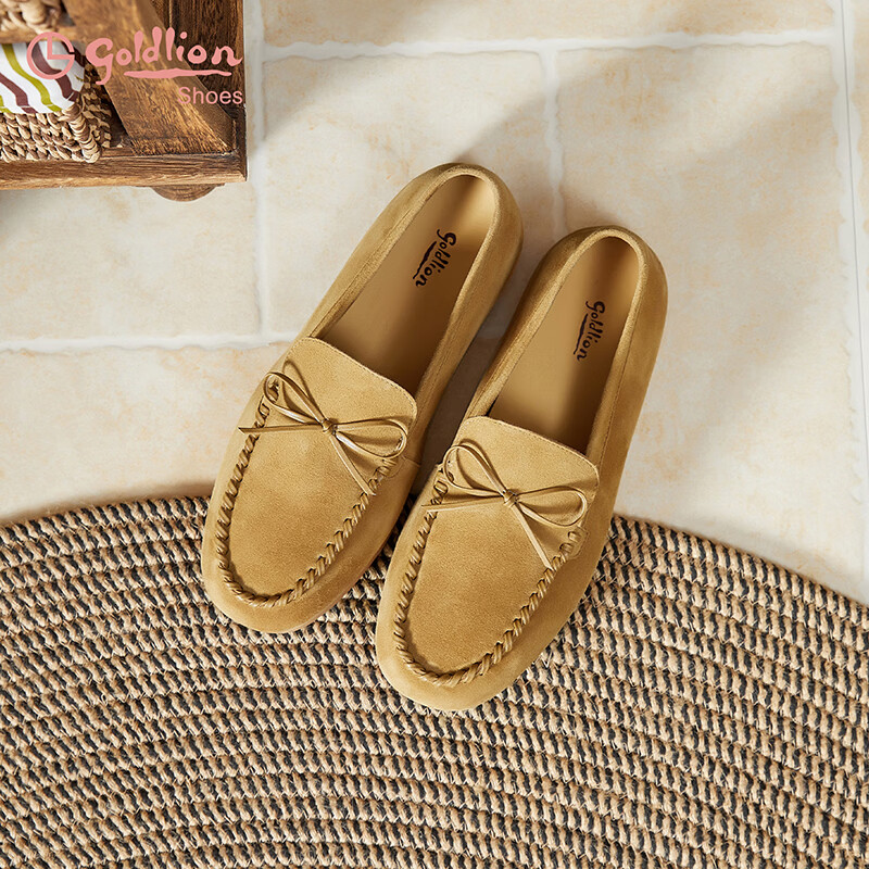 Goldlion Women's Shoes 2026 Spring Bowknot Comfortable Flat Loafers Slip-On G608610132 Apricot Size 38