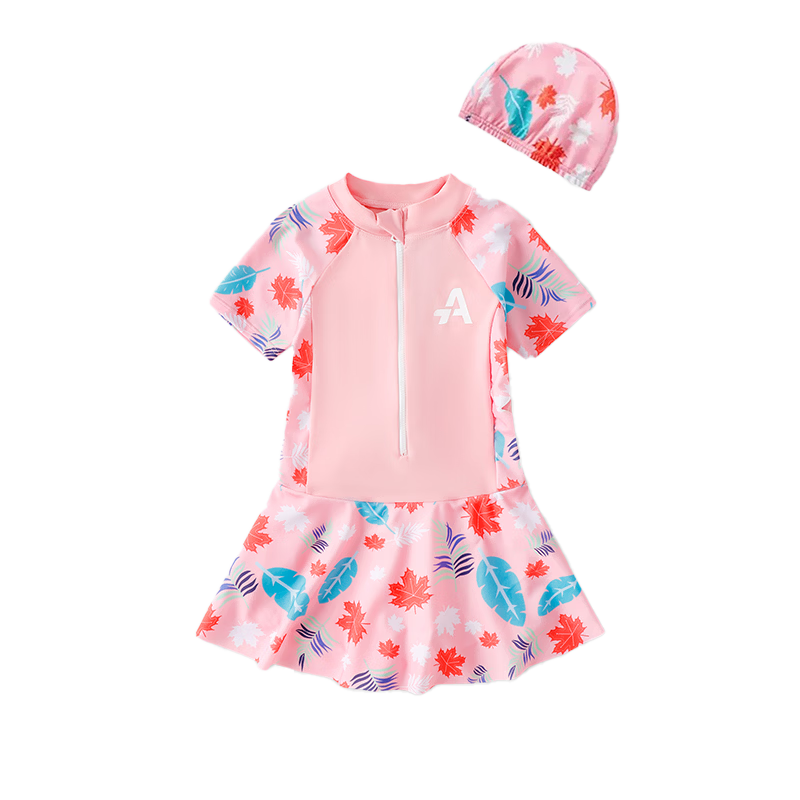 ASK JUNIOR Hot Spring Girls' Swimsuit, Summer Children's One-Piece Swim Skirt, Floral Short-Sleeve Breathable Cool-Feeling Swimwear