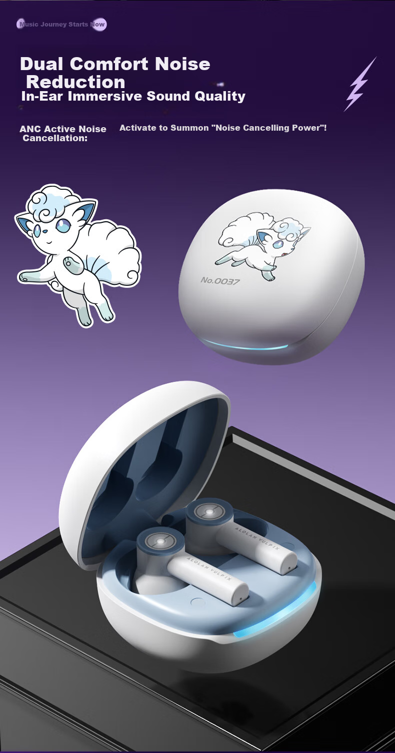 Chenfeng Pokémon Bluetooth In-Ear Wireless Earphones ANC Active Noise Cancelling Deep Bass Stereo Gaming Mode Music Earphones Long Battery Life Birthday Gift PM19 Vulpix 3