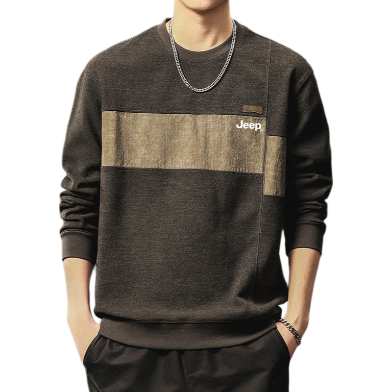 JEEP Men's Spring and Autumn High-End Colorblock Base Layer Long Sleeve T-Shirt Brown 2XL