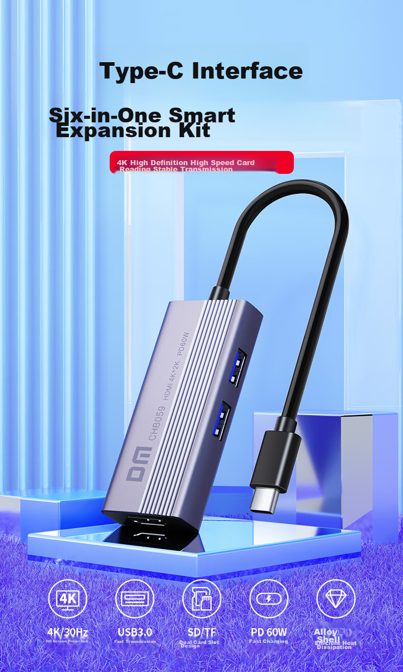 DM Daimai Type-C Six-In Expansion Dock, USB-C to HDMI Adapter, Apple Huawei Computer IPad Converter, 4K Screen Mirroring Expansion Card Reader, CHB059 1