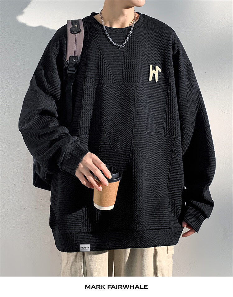 MARK FAIRWHALE Men's Sweatshirt Spring and Autumn Trendy Brand Crewneck Jacket Plus Size Loose Fit Black XL 5