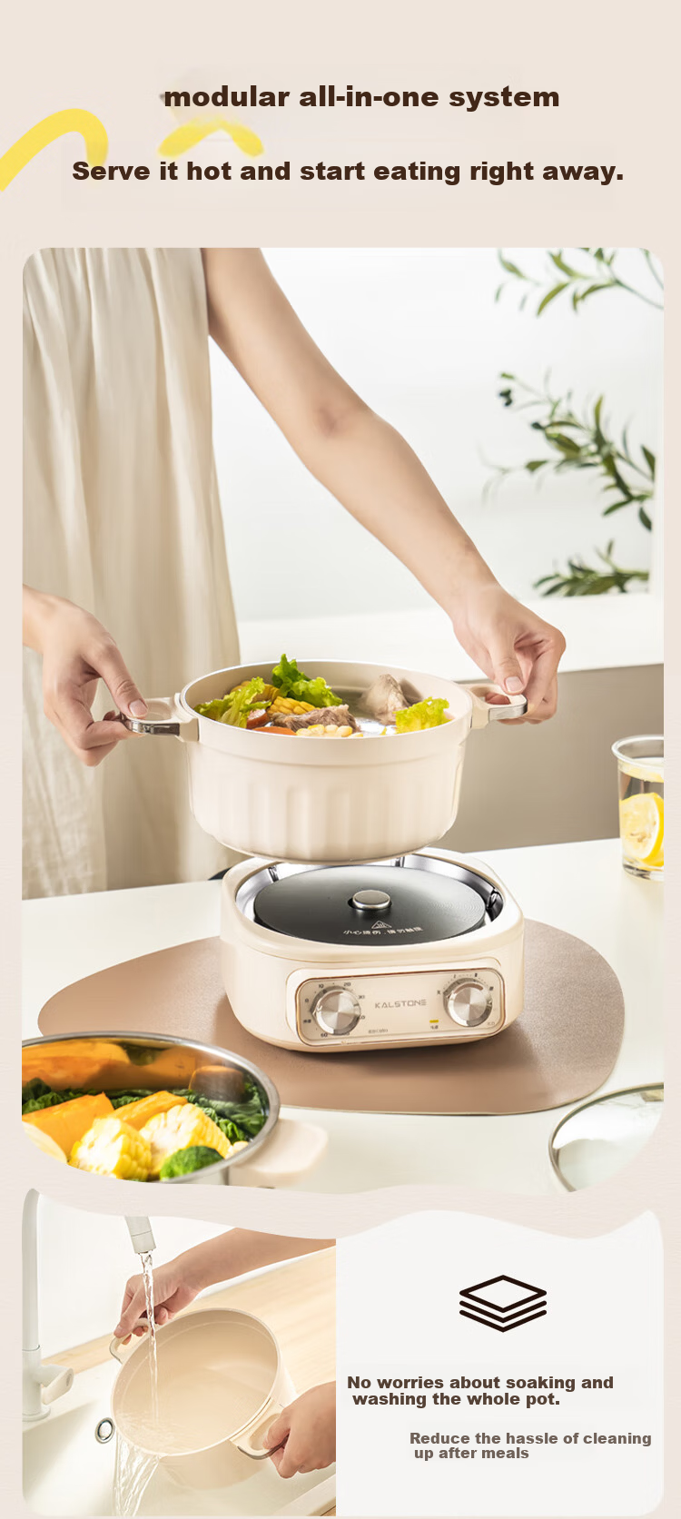 Kalstone N72 Titanium Ceramic Split Electric Cooker Multifunctional Small Electric Pot Hot Pot Dormitory Household Steamer and Cooker Instant Noodle Pot Small Electric Steamer 6