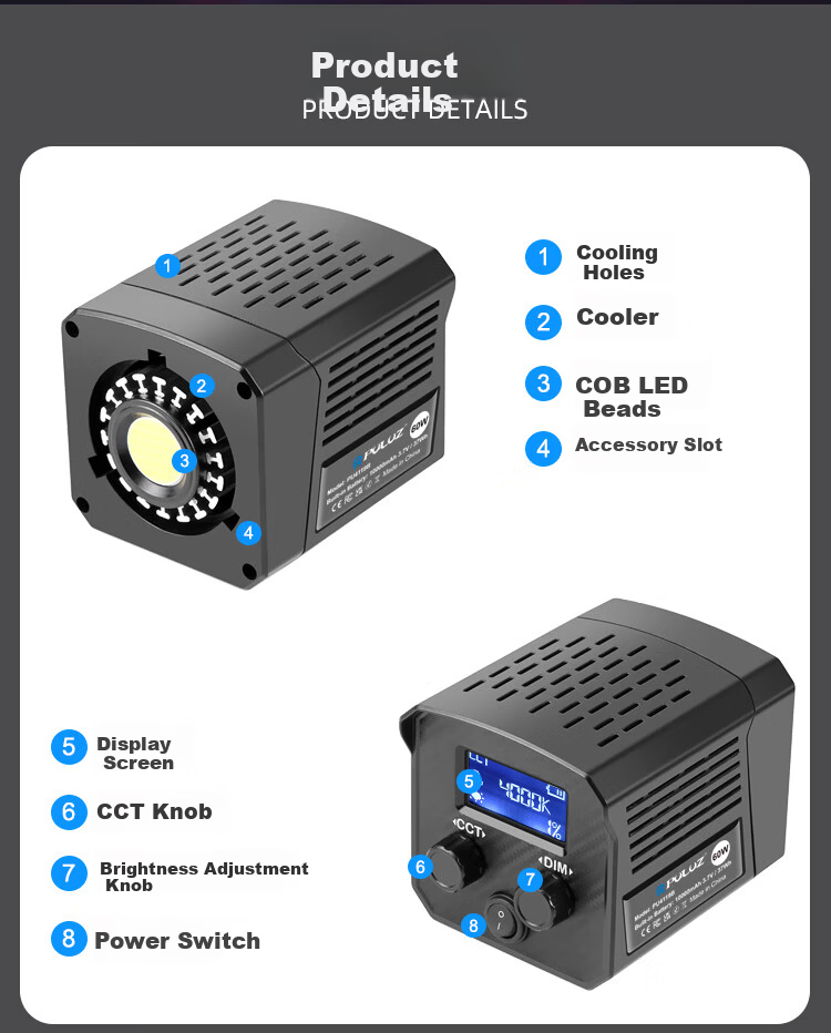 Pangniu 60W COB Handheld Photography Live Streaming Light Vlog Video Recording Bi-color Fill Light PU4119B Live Streaming Photography Light 12