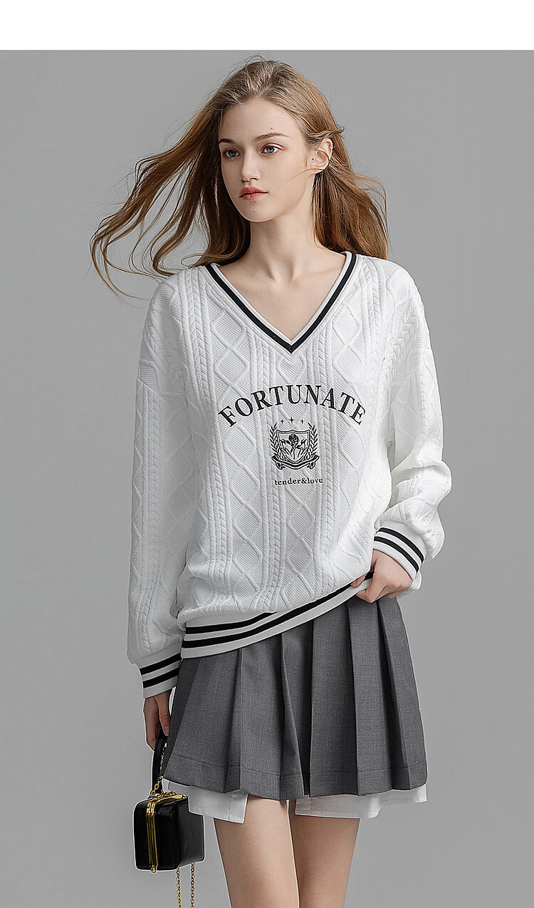 Demana British College Style Spring Autumn New V-Neck Drop Shoulder Long Sleeve Letter Color-Block Embroidered Striped Sweatshirt for Women 13