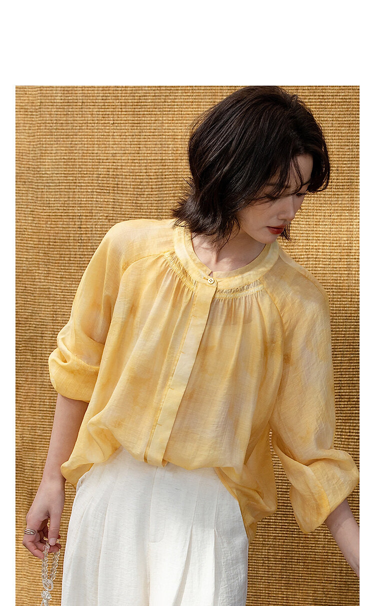 Demana [Lyocell Blend] Spring Lemon Garden Lightweight Stand Collar Printed Blouse Loose Fit Women's Shirt 10