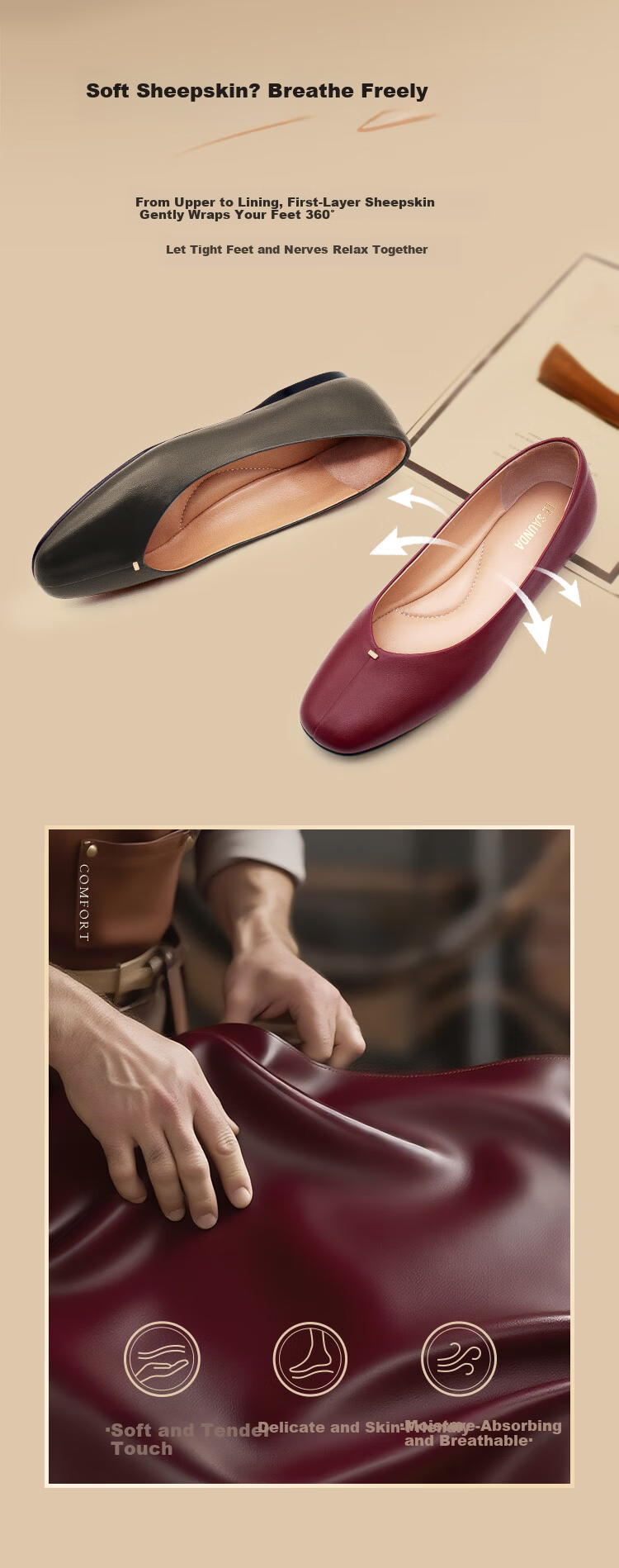 Le Saunda Paris Autumn Fashion Commuter Ultra-Soft Lambskin Women's Flats 6T02103 Truffle Black BKK 36 3