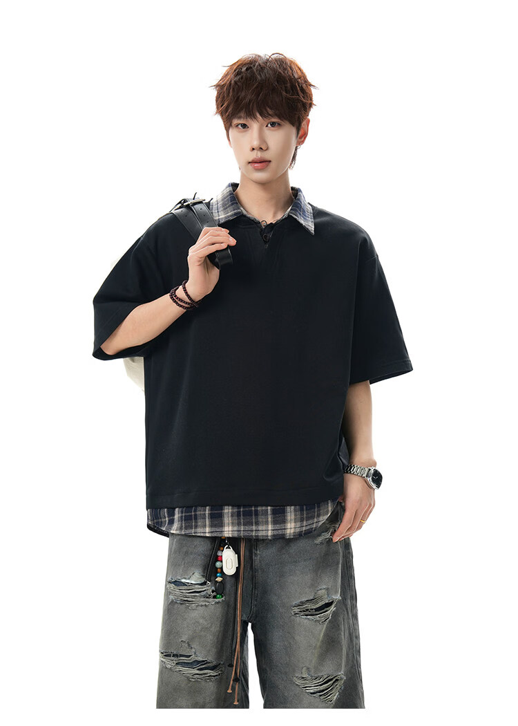 Foss Phil American Style Two-in-One Short Sleeve Polo Shirt Men Spring Summer Loose Casual T-Shirt DT6242 Black 3XL 20