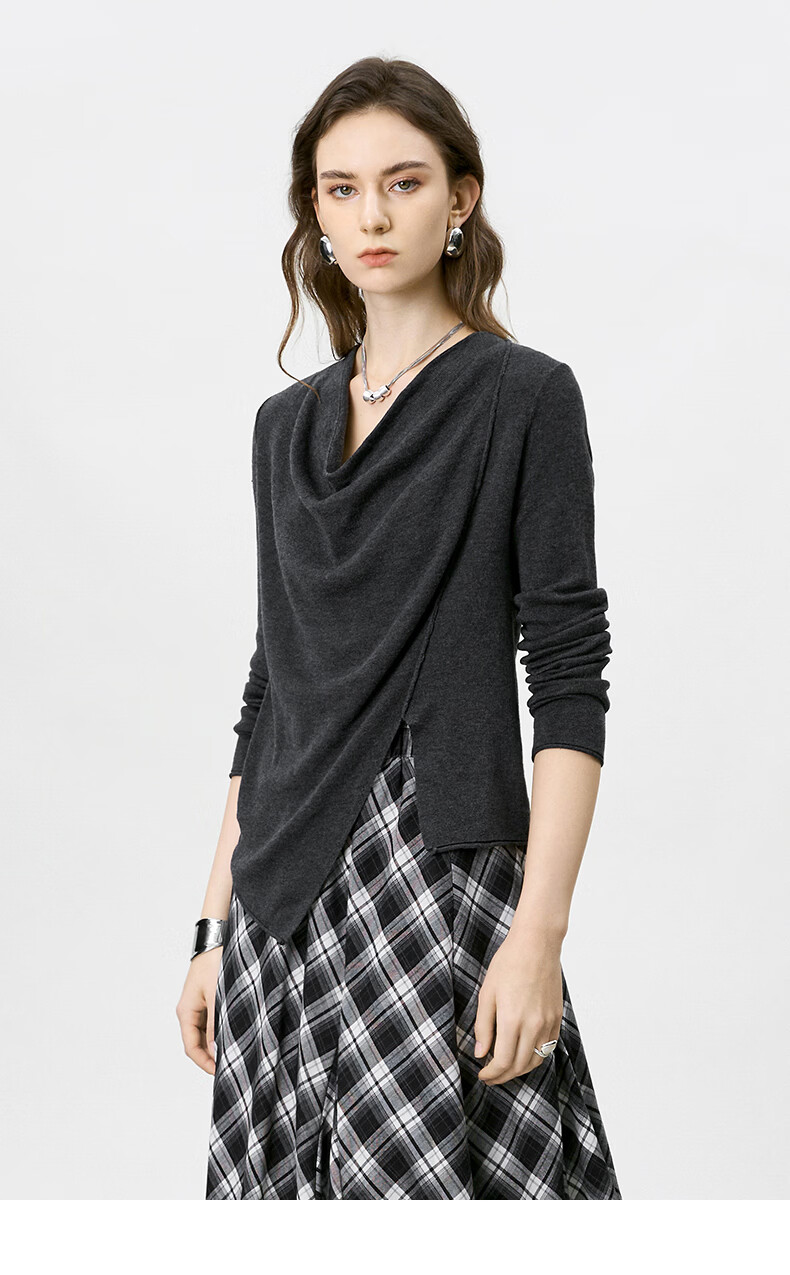 Yanyu Stacked V-Neck Knit Sweater Women 2026 Spring High-End French Lazy Asymmetric Sweater Gray S 9