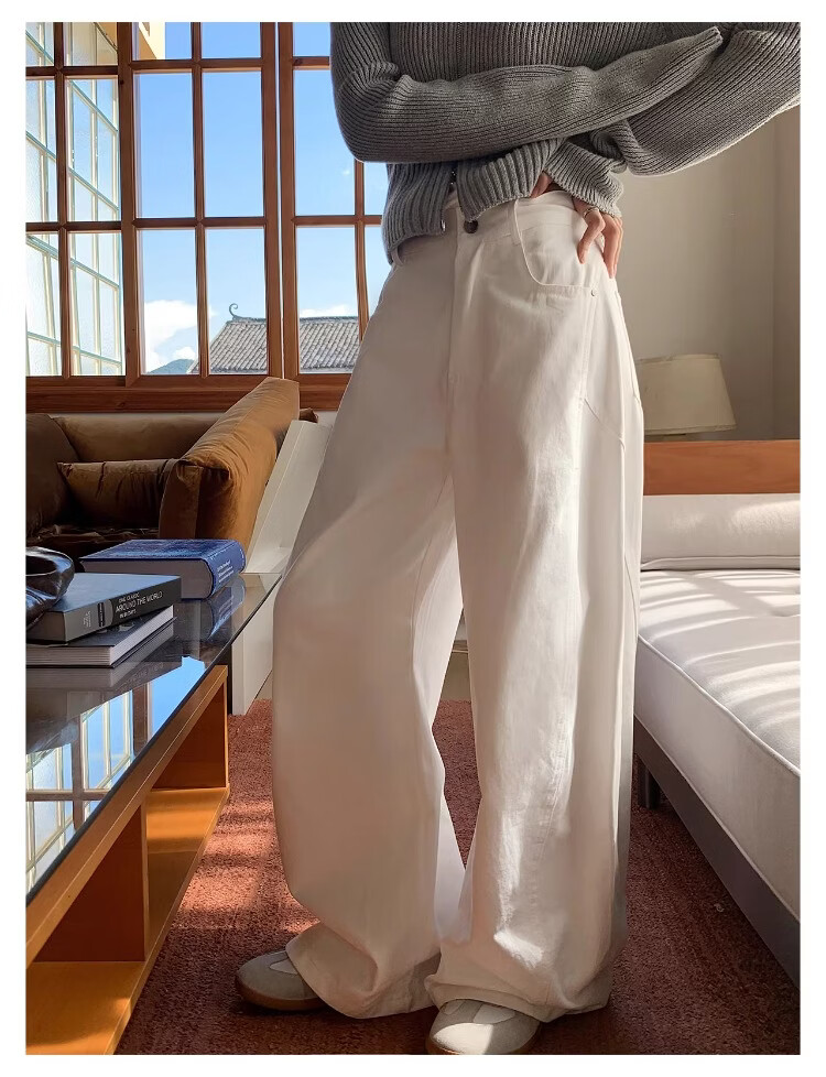 ICH MODE "Versatile Pants King" Spring Summer All-Season Slimming Curved Cut Loose Casual Straight Wide-Leg Pants Off-White S 6