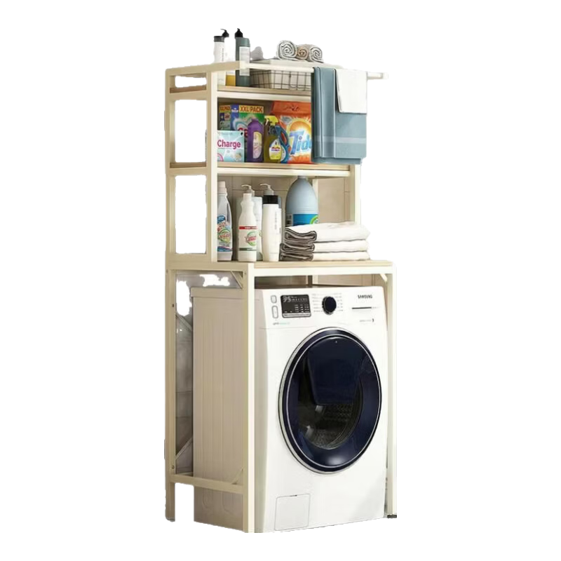 Milin Bathroom Storage Rack, Floor-Standing Organizer Shelf, No Drilling Required, Three-Tier White with Hanging Rod