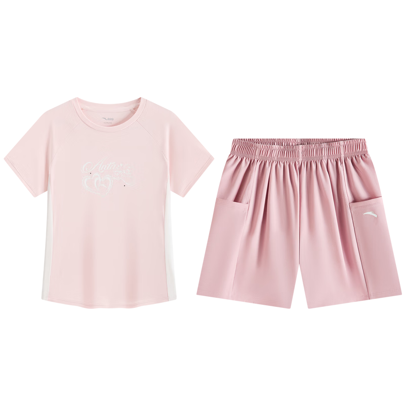 ANTA Kids Girls Summer 2026 Breathable Quick-Dry Short Sleeve T-Shirt and Shorts Sports Two-Piece Set A62627701