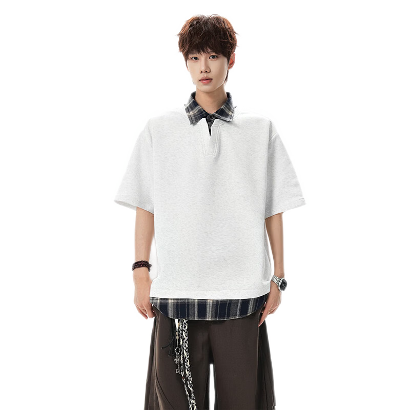 Foss Phil American Style Two-in-One Polo Shirt Short Sleeve Men Spring Summer Loose Casual T-Shirt DT6242 Black XL