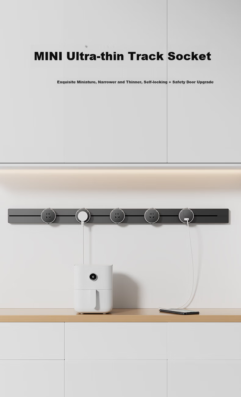 International Electric Track Socket Ultra-Thin Narrow Kitchen Side Cabinet Mini Track Power Strip Surface Mounted Wall-Mounted Rail with Independent Switch Power Rail Small Size Track 60+3+1 1