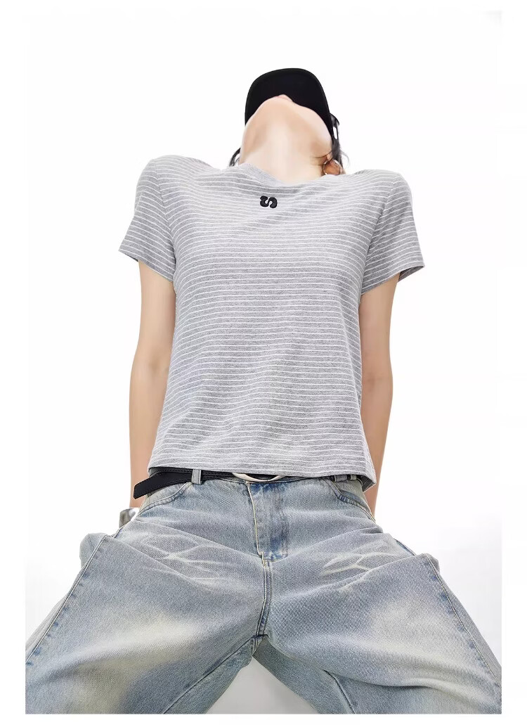 ICH MODE American Style Striped Slim Fit Short Sleeve T-Shirt for Women 2026 Summer New Hot Slim Shoulder Short Top White S 13
