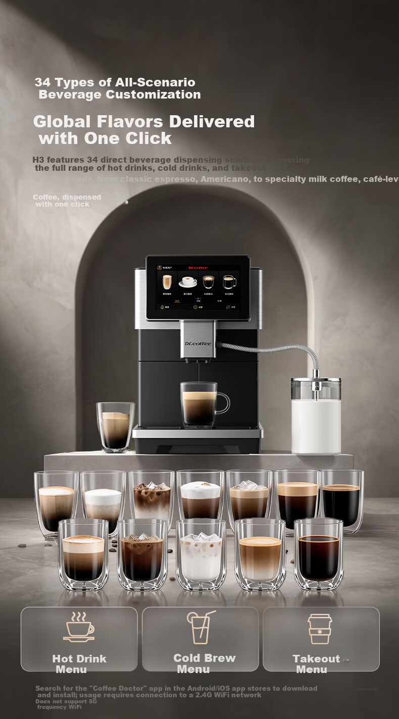 Dr.coffee H3 Black Home Fully Automatic Italian Espresso Coffee Machine Small Integrated Grinder One-Touch True Cold Brew Fresh Coffee Hot and Cold Drinks 6