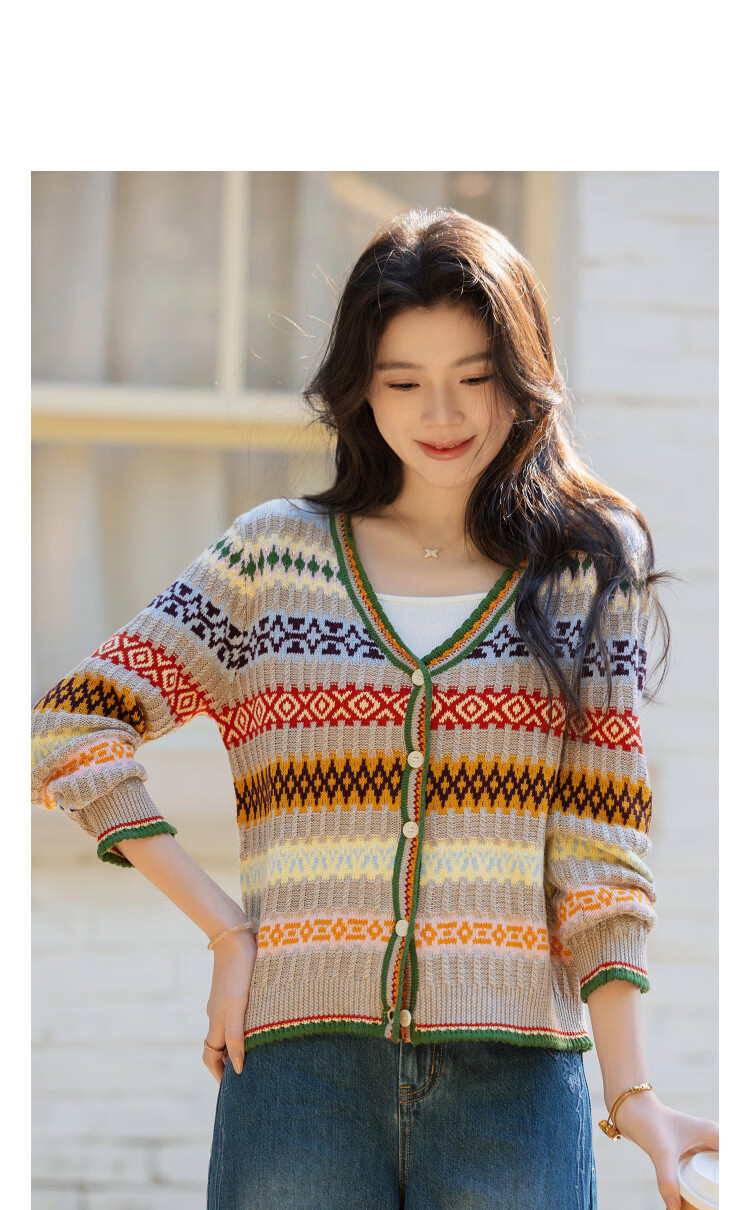 Demana Women's Spring V-Neck Wave Edge Color-Block Jacquard Knit Cardigan with Wool 11