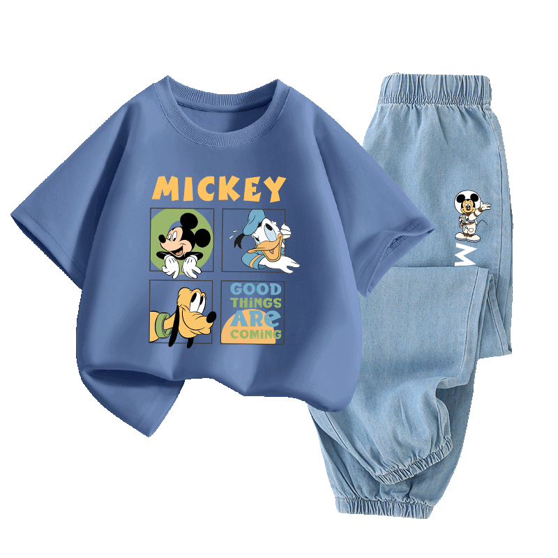 Disney Kids Set Short Sleeve T-shirt and Tencel Denim Jeans Indigo + Letter K Light Blue 140