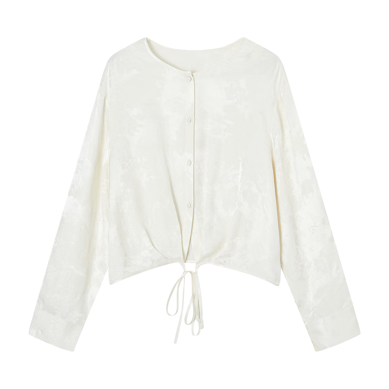 Demana [Moonlit Sea Glow] Spring National Style New Chinese Round Neck Jacquard Top Tie Loose Petite Women's Shirt