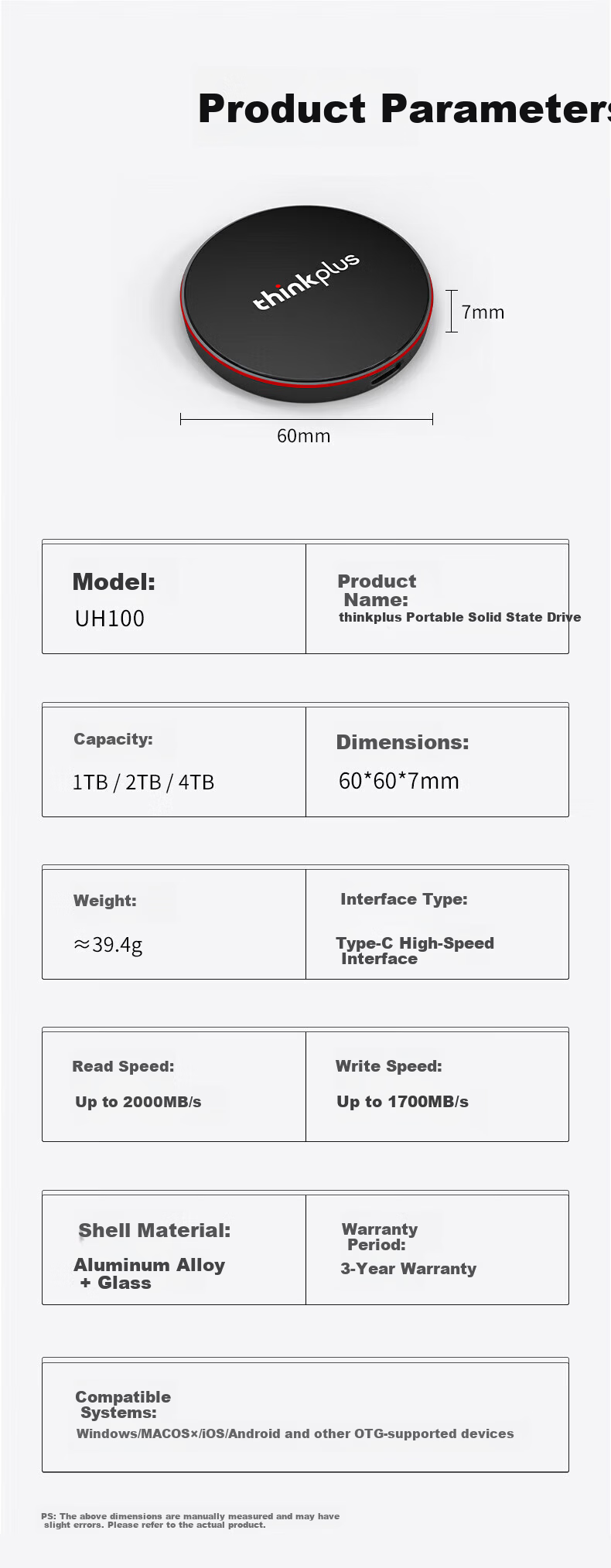 ThinkPlus Lenovo 1TB Magnetic Portable SSD USB 3.2 High-Speed 2000MB/s Magnetic Mobile Hard Drive PSSD Portable UH100 Little Flying Disk Series 6