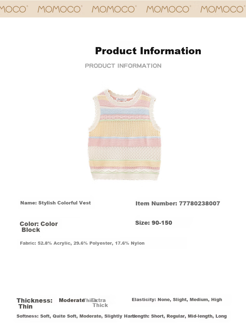 MOMOCO Girls' Vest Autumn Winter Inner Layer Sweet Stylish Cartoon Knit Vest Jacket White Apricot 90 5