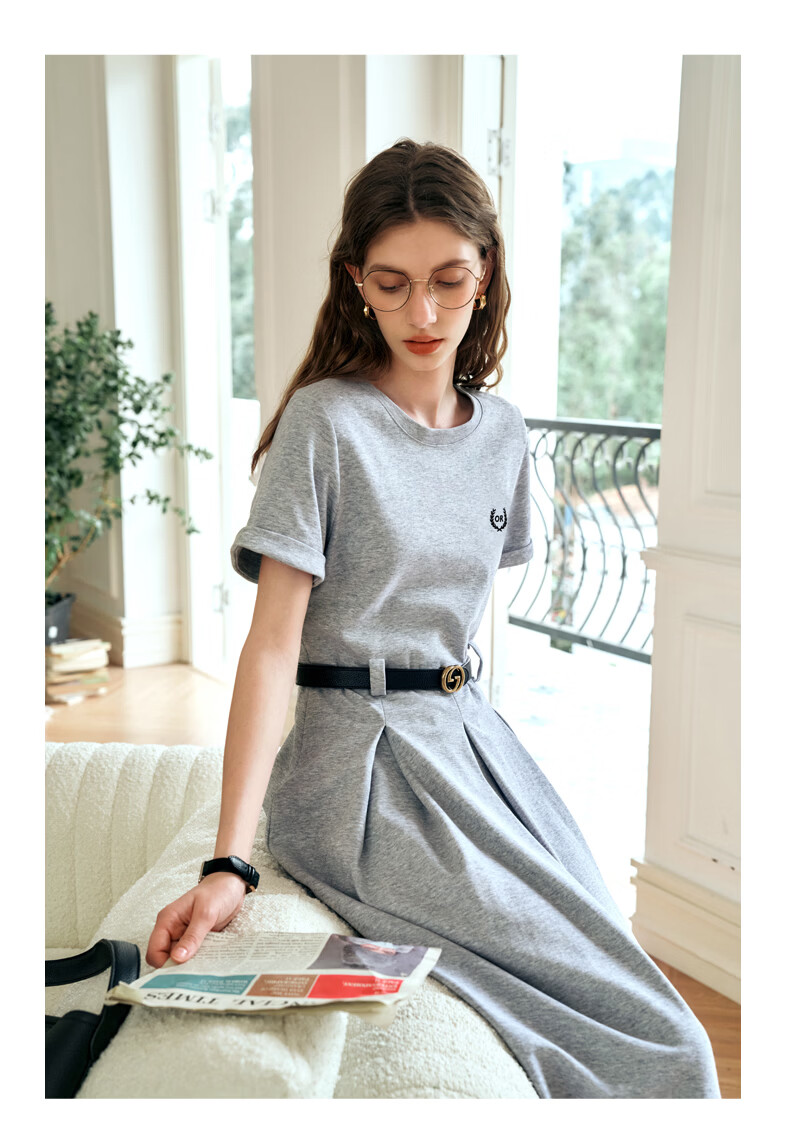 Olrain Eurie Knit Dress Women's Summer Commuter College Style Casual Waist Slimming Long Dress Light Gray S 18